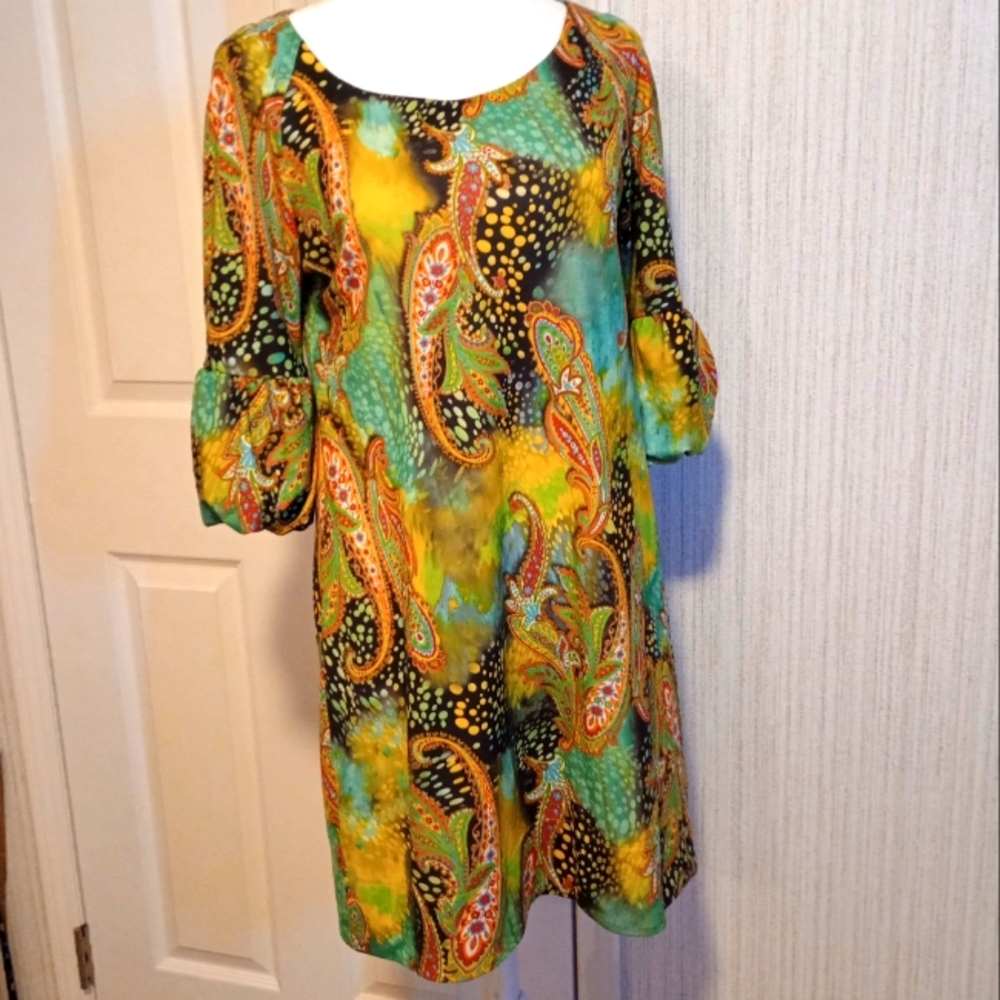 Isle Apparel Women's Size S Polyester Dress Multicolored Paisley 3/4 Sleeve LNC